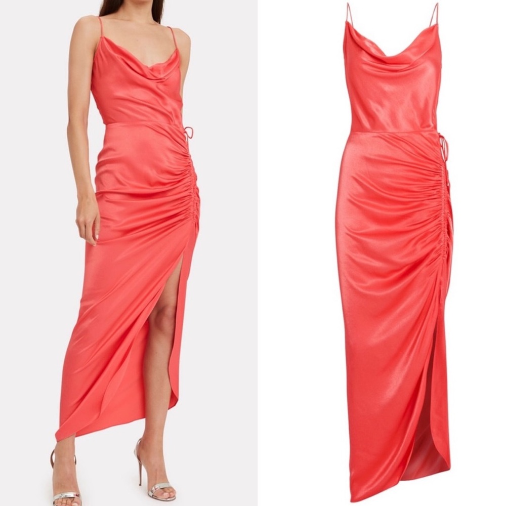 $595 Veronica Beard 4 Natasha Cowl-Neck Sleeveless Ruched Satin Dress Draped